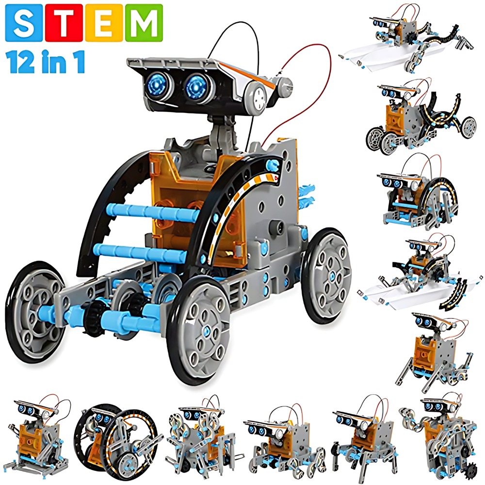 Science Robotics - Solar-Roboter-Bausteine, 12-in-1-Wissenschaftsexperiment-Set, pädagogisches DIY-Montage-Konstruktionsspielzeug für Kinder,